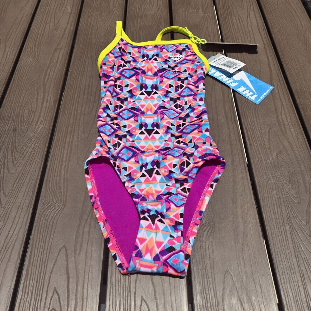 The Finals FUNNIES Mosaic Aztec Pink Purple 1pc Swimsuit Women Girl Size 26 New
